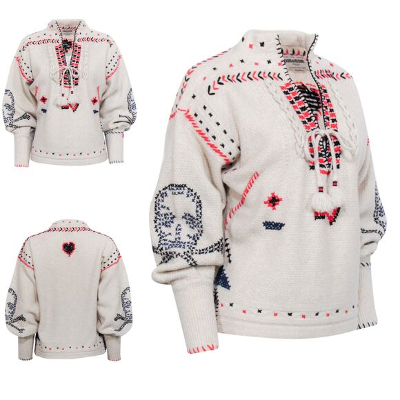 Zadig & Voltaire Défilé Amanda Embroidered Tie-Neck Merino Wool Cashmere Sweater - Picture 9 of 13